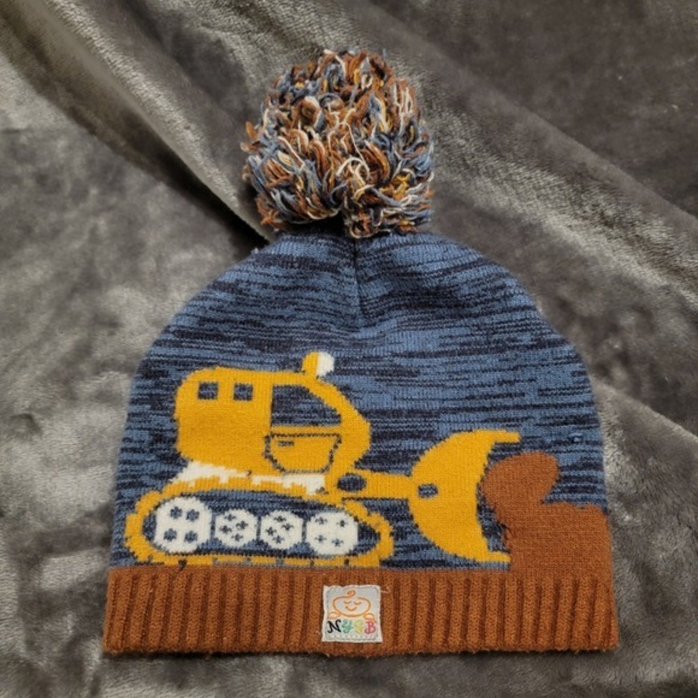 NYSB Beanie Kids OS Blue Good Construction Bulldozer Excavator Pom Pom Hat